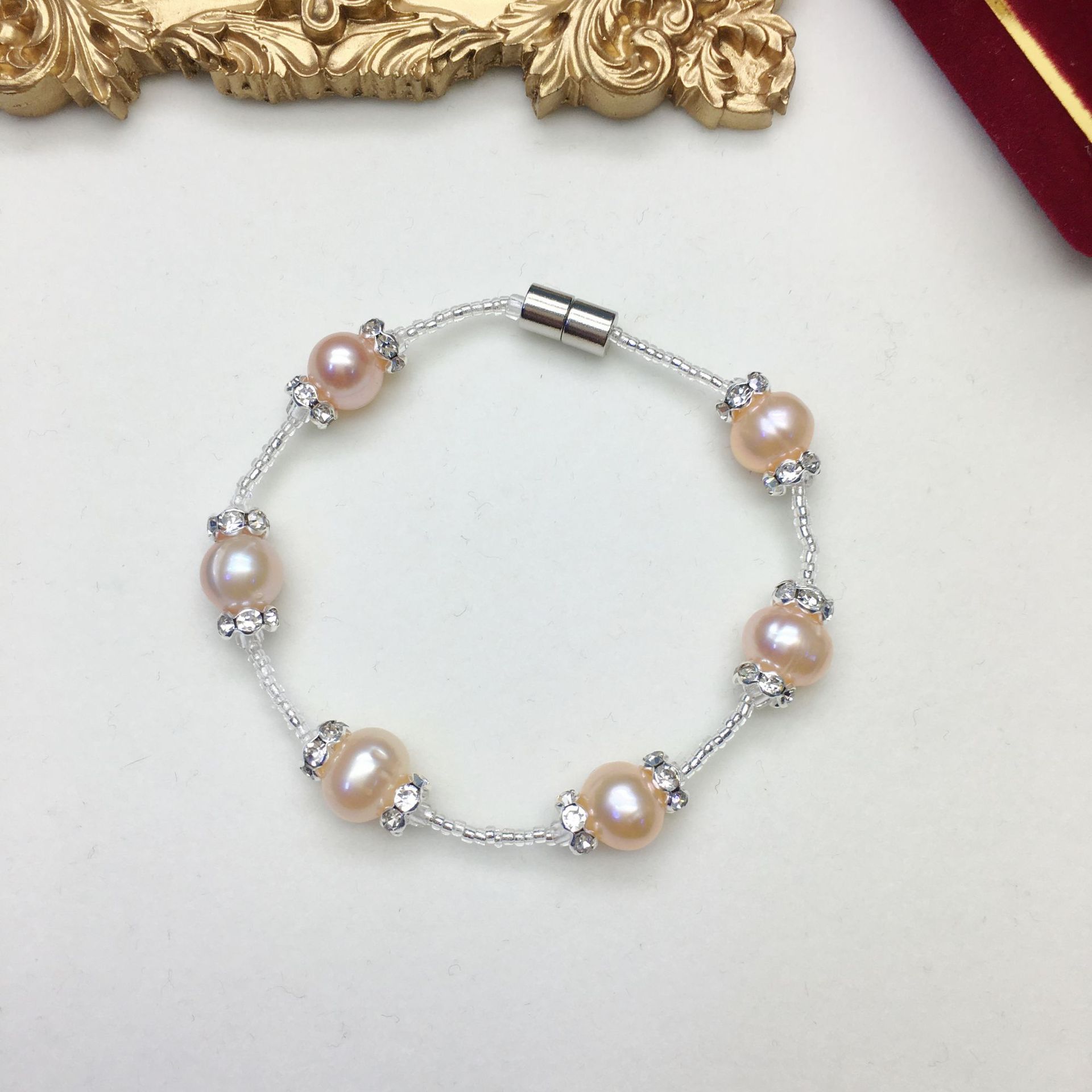Pink-natural freshwater near-round pearl magnet bracelet