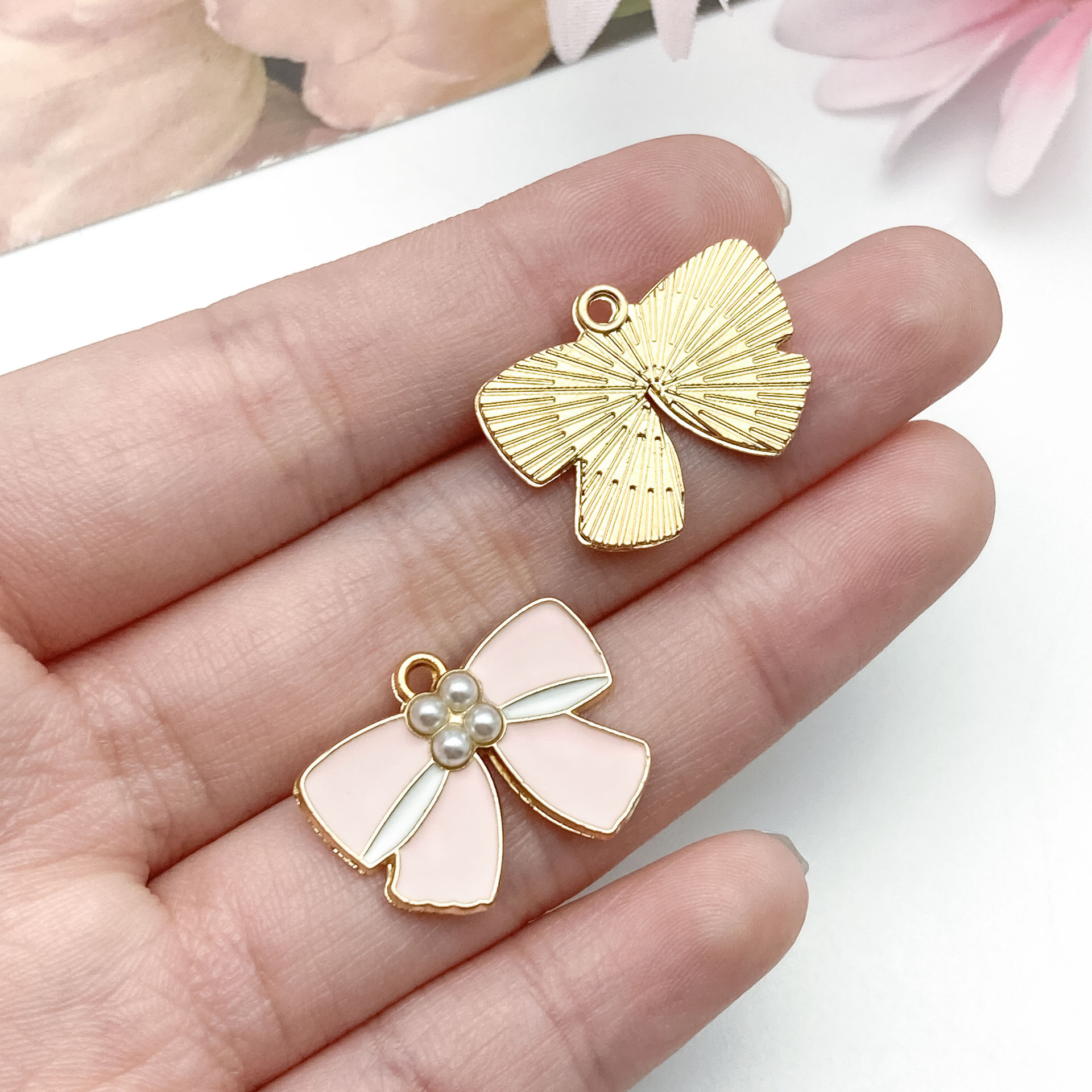 23157-1 kc gold pink oil dripping zinc alloy pearl bow 22×17mm-1.7g