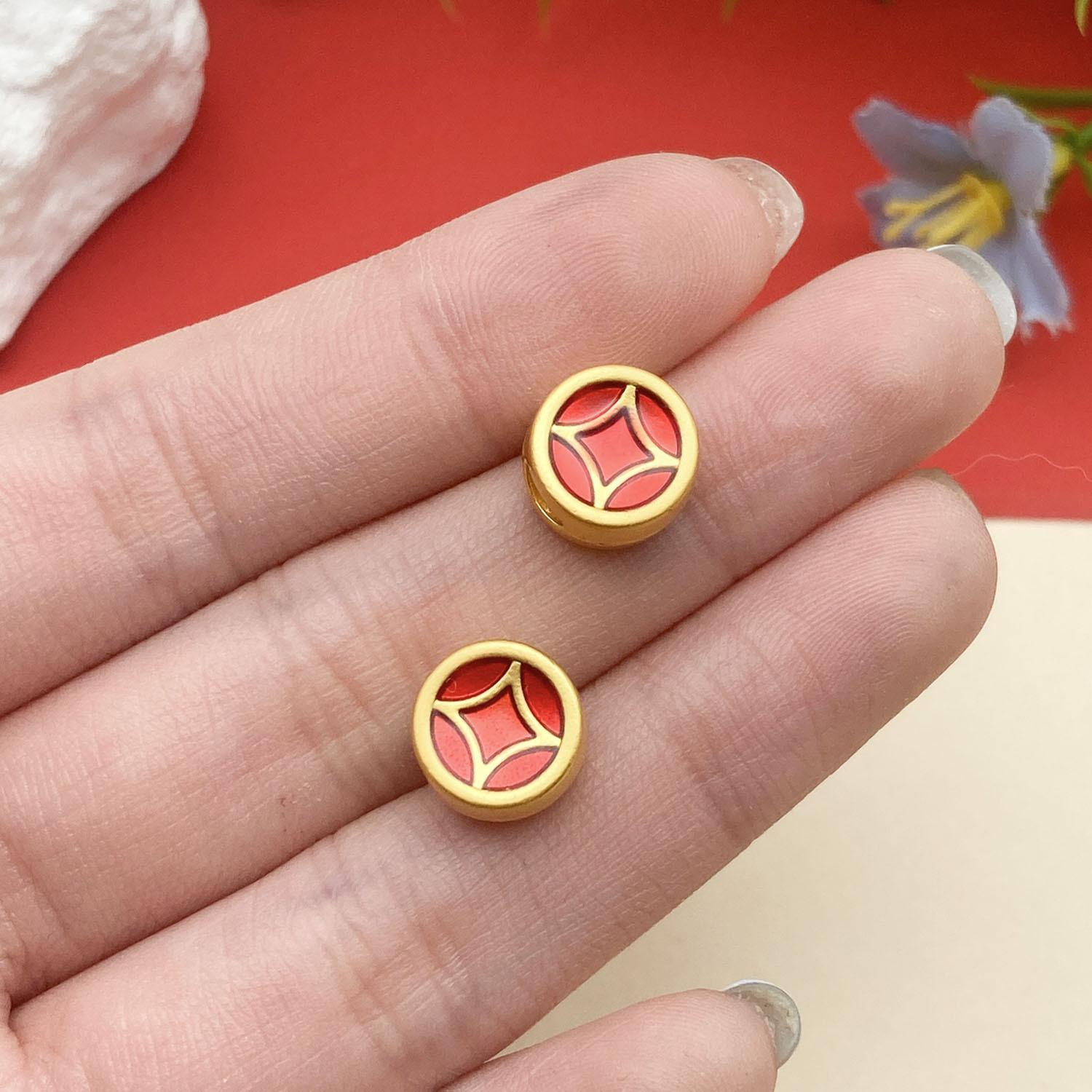 22503-1 10x10mm-1.89g-hole 3.5 red dripping ancient gold matte gold double-sided straight hole copper coin large hole beads