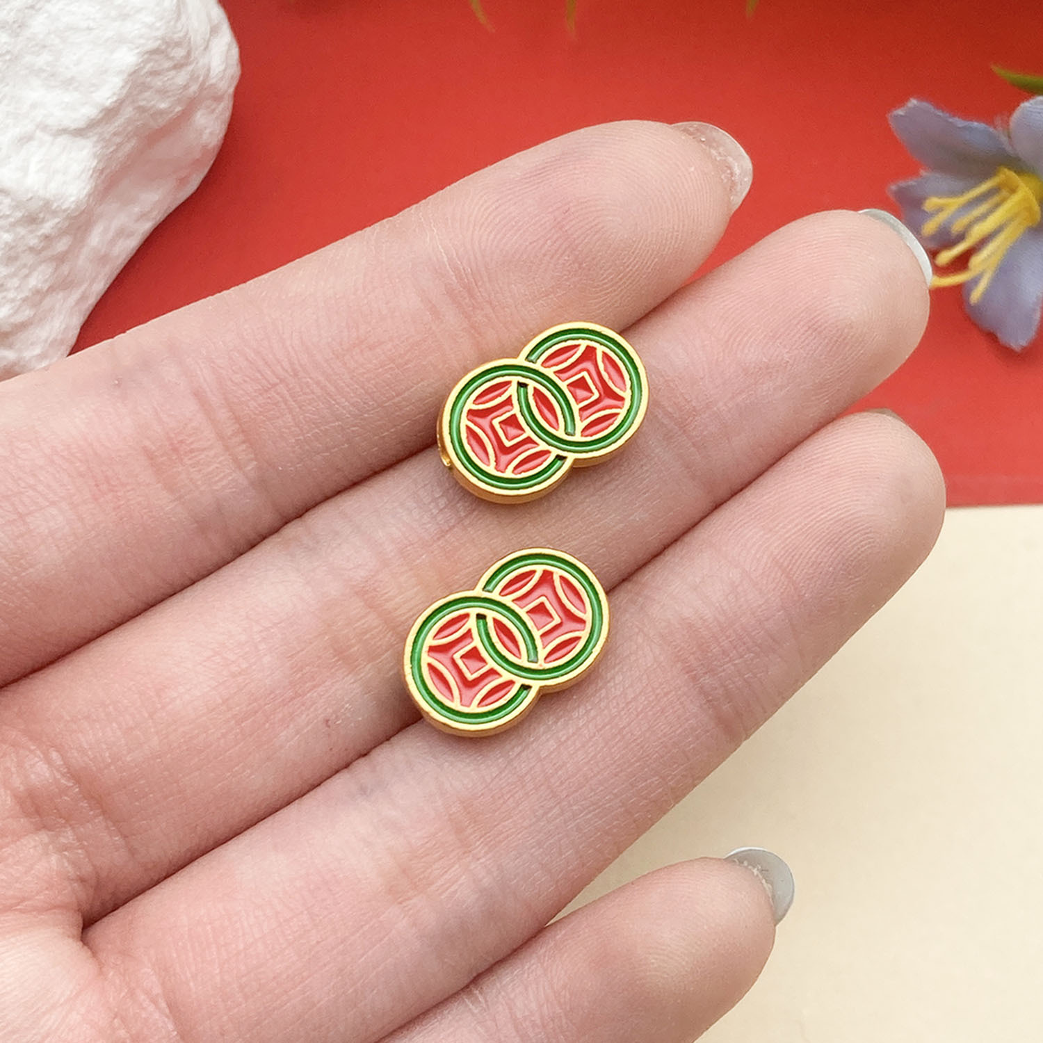 22658-1 14x9mm-1.9g--hole 1.5 red and green dripping oil ancient gold matte gold double-sided double copper coin spacer beads