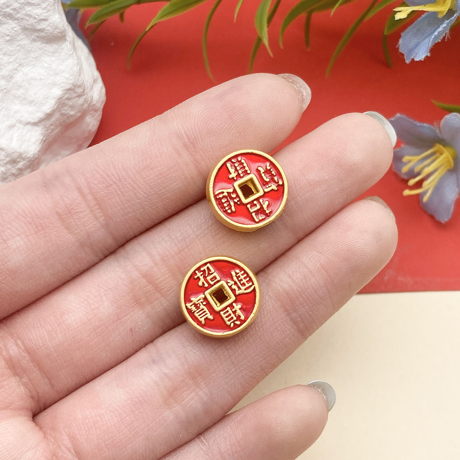 22660-1 12x12mm-3g-hole 3 red dripping oil ancient gold matte gold double-sided bring in wealth and treasure spacer beads