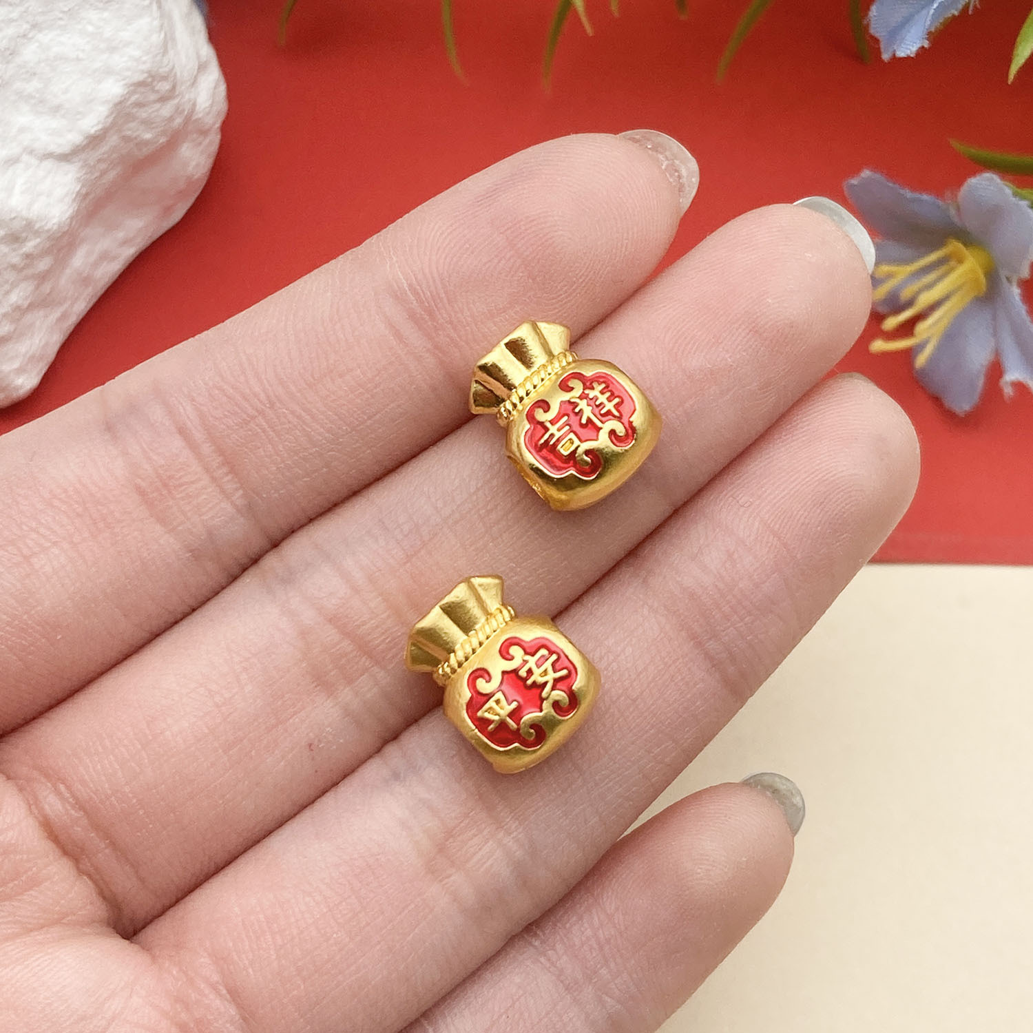 22688-1 12x10mm-2.25g-hole 4 red dripping oil ancient gold matte gold double-sided horizontal hole safe money bag large hole spacer beads