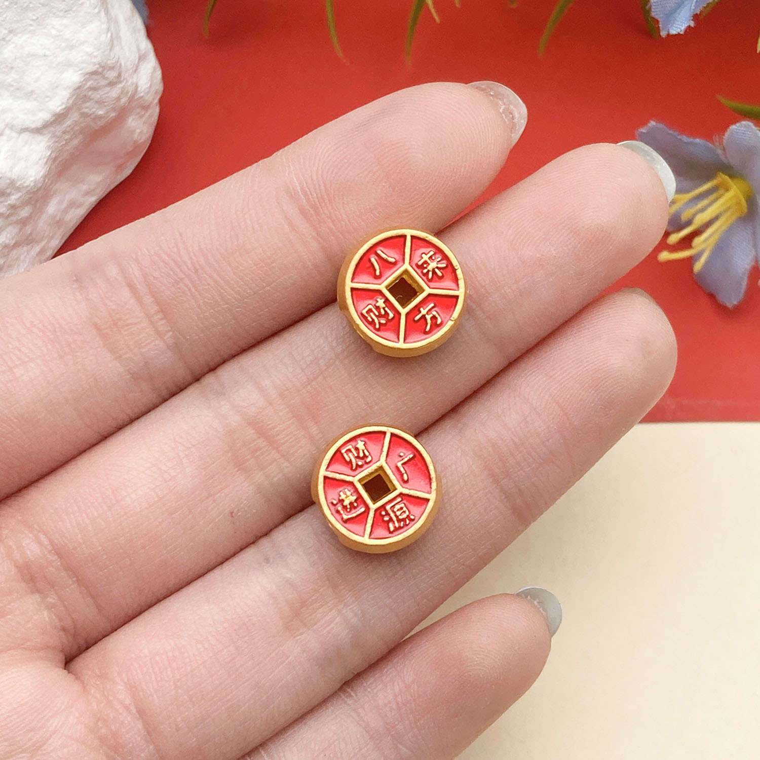 22699-1 12x11mm-2.5g-hole 4 red dripping oil ancient gold matte gold double-sided eight directions to bring wealth and wealth to the big hole spacer beads