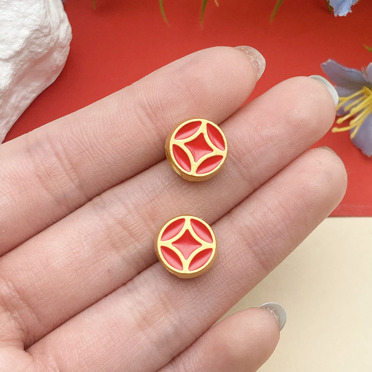 22703-1 11x10mm-1.85g-hole 5 red dripping oil ancient gold matte gold copper coin large hole spacer beads