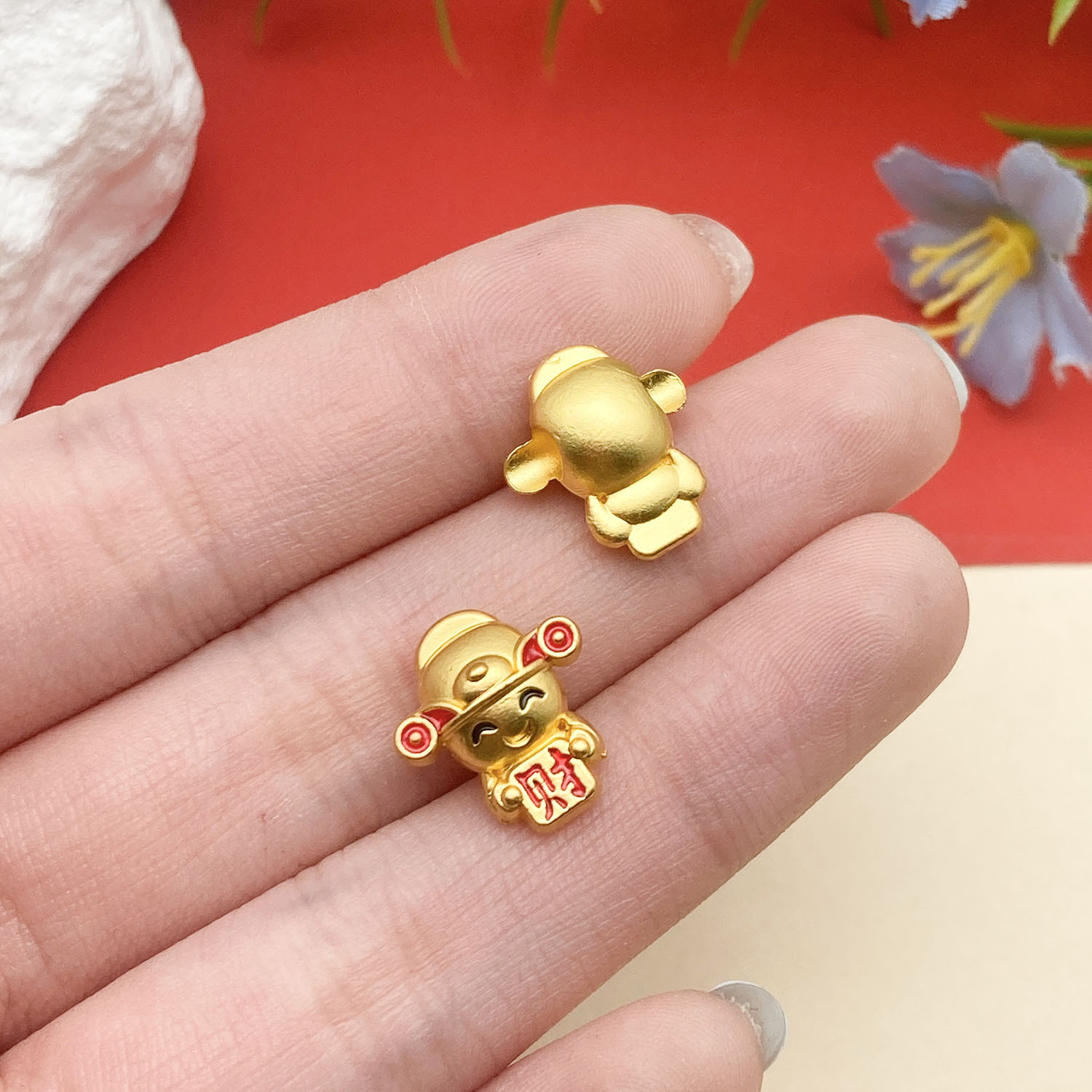 22718-1 14x12mm-1.75g-hole 3 red dripping oil ancient gold matte gold fortune word god of wealth large hole spacer beads