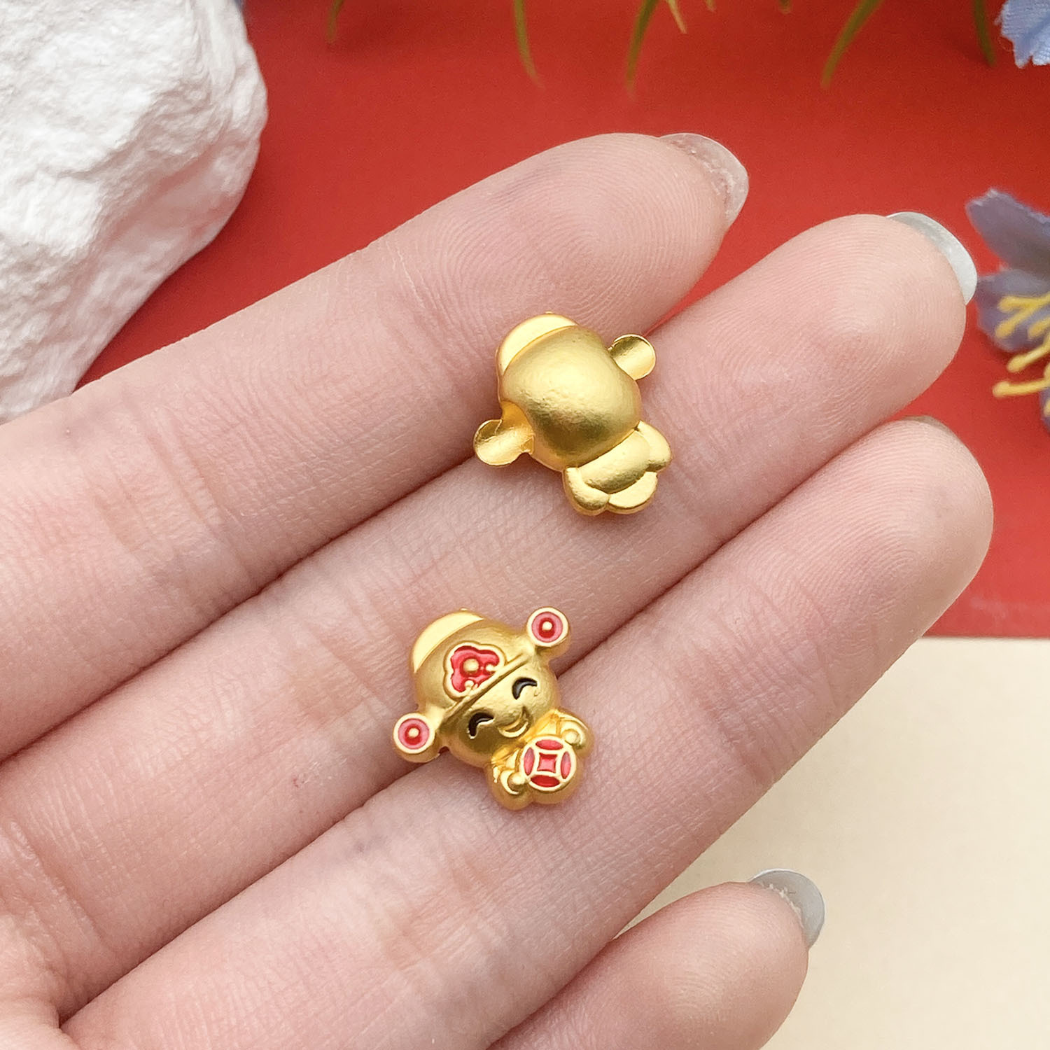 22719-1 14x12mm-1.6-hole 3 red dripping oil ancient gold matte gold copper money god large hole spacer beads