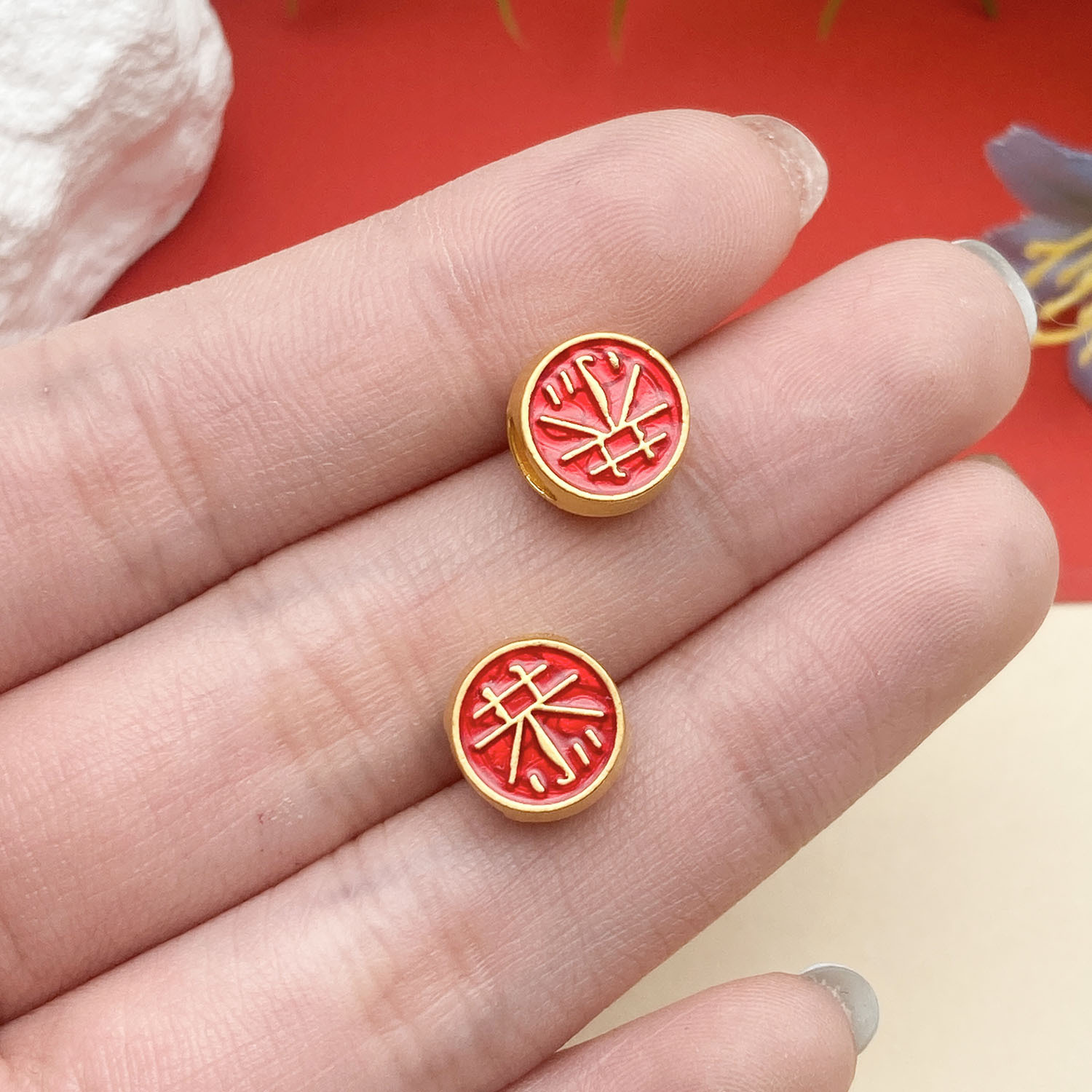 22721-1 10x9mm-1.25g-hole 5 red dripping oil ancient gold matte gold big hole spacer beads