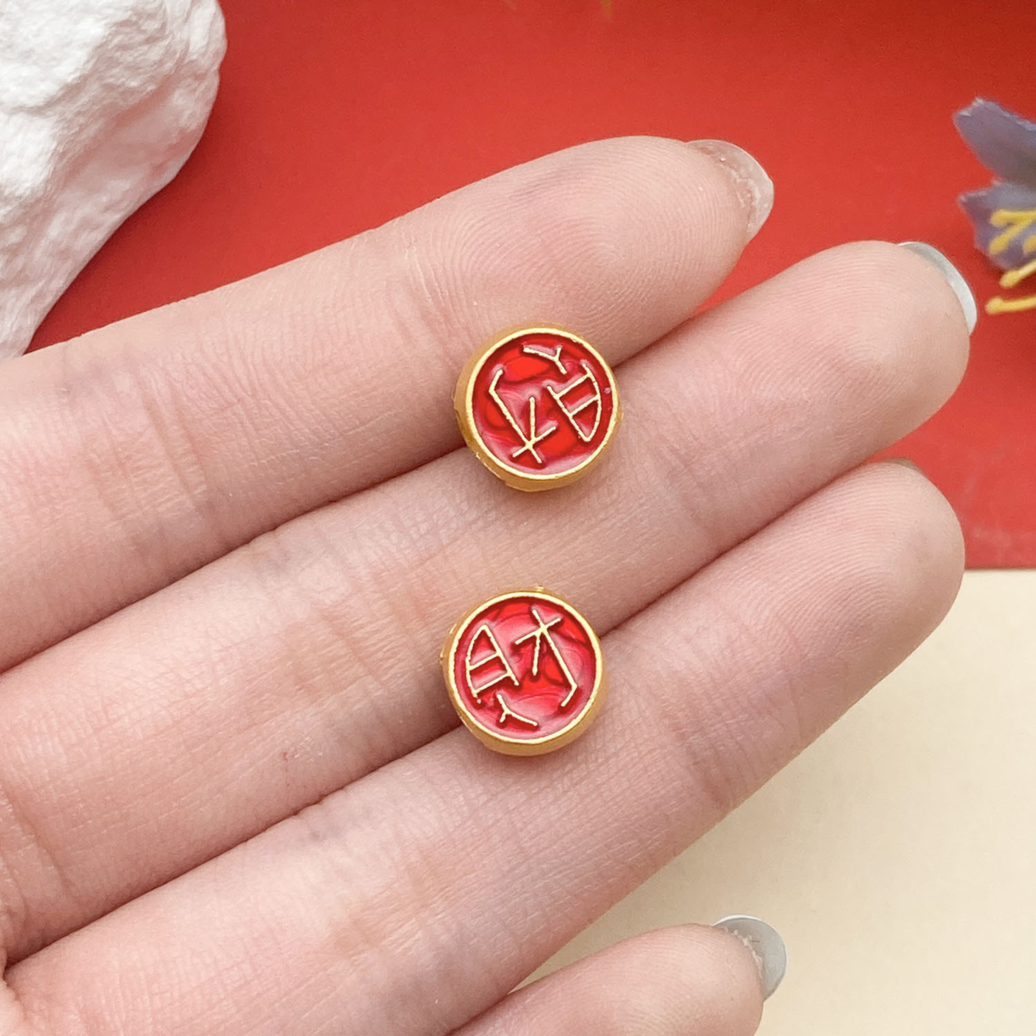 22722-1 10x9mm-1.3g-hole 5 red dripping oil ancient gold matte gold fortune character large hole spacer beads