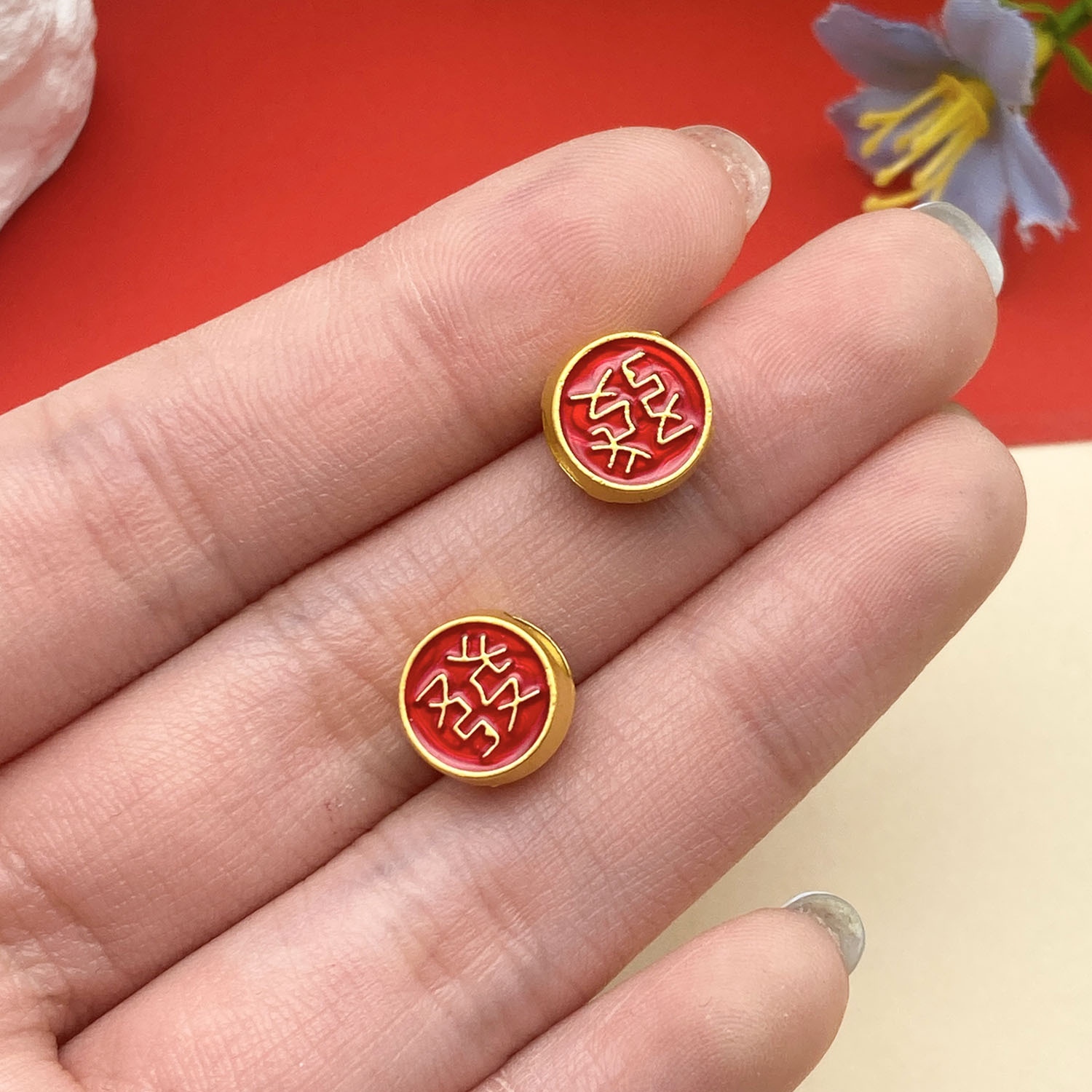 22723-1 10x9mm-1.3g-hole 5 red dripping oil ancient gold matte gold hair word large hole spacer beads