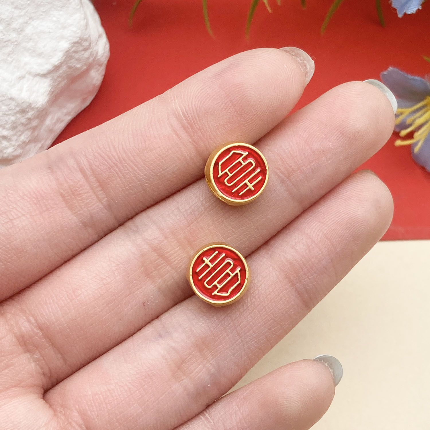 22724-1 10x9mm-1.3g-hole 5 red dripping oil ancient gold matte gold happy word large hole spacer beads