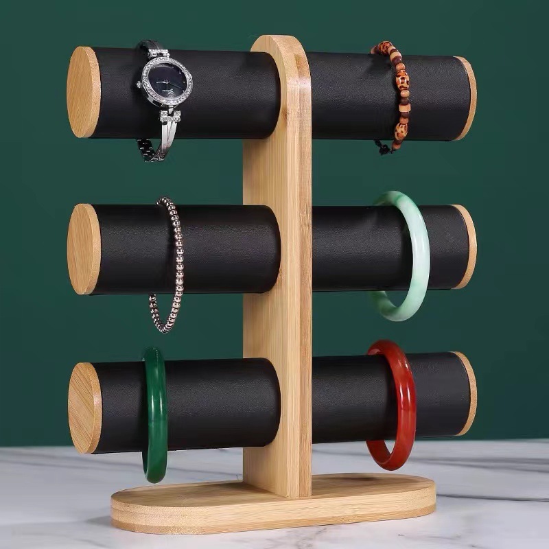 Black Leather Bamboo Lid Standing Triple-Layer Bracelet Stand