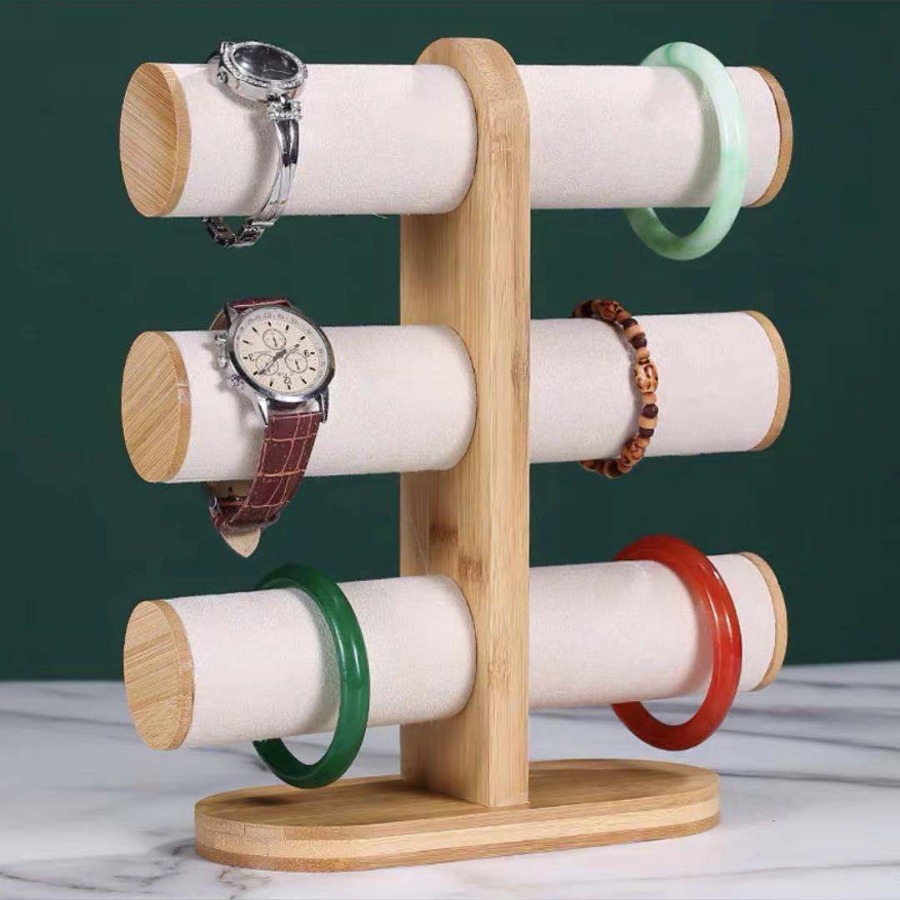 Bamboo Lid Standing Triple-Layer Bracelet Stand (Millet Velvet)