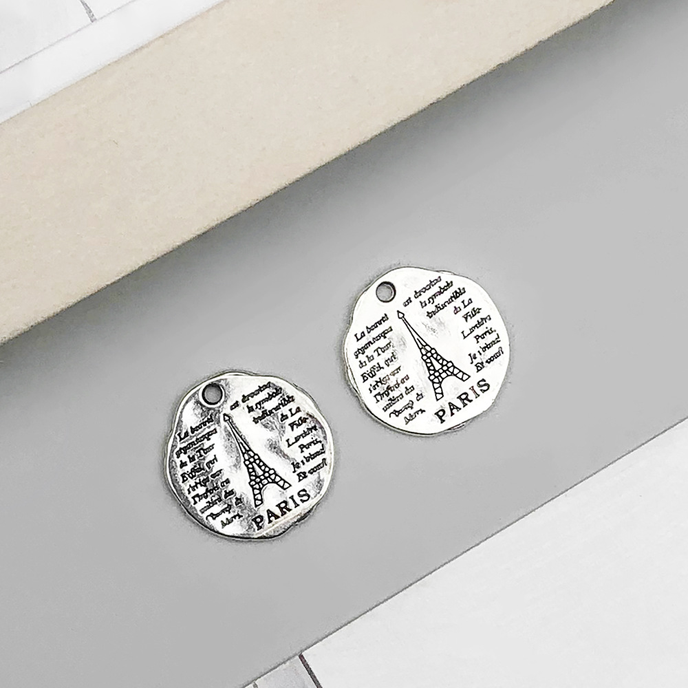 1 ancient silver round iron tower paris letter card 19*19mm-2.5g-10908