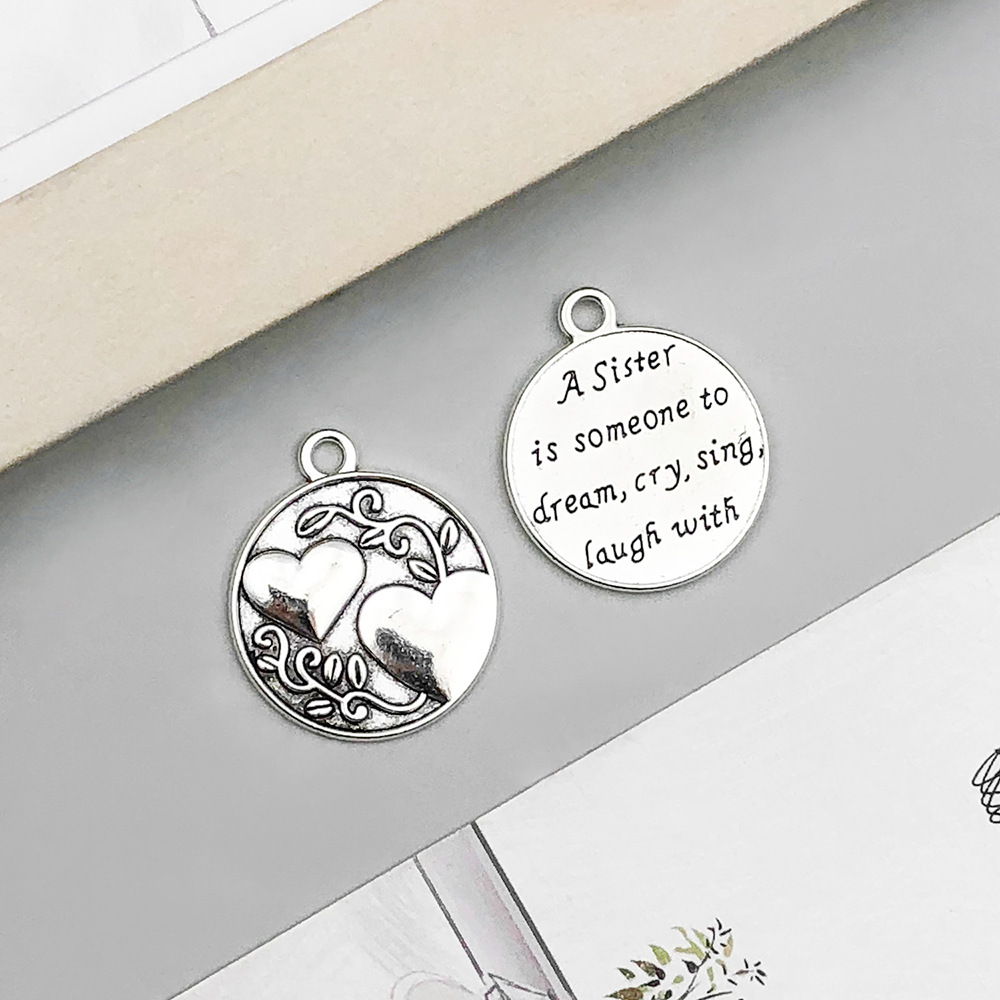 1 ancient silver round asister reverse love letter card 24*28mm-3.4g-10914