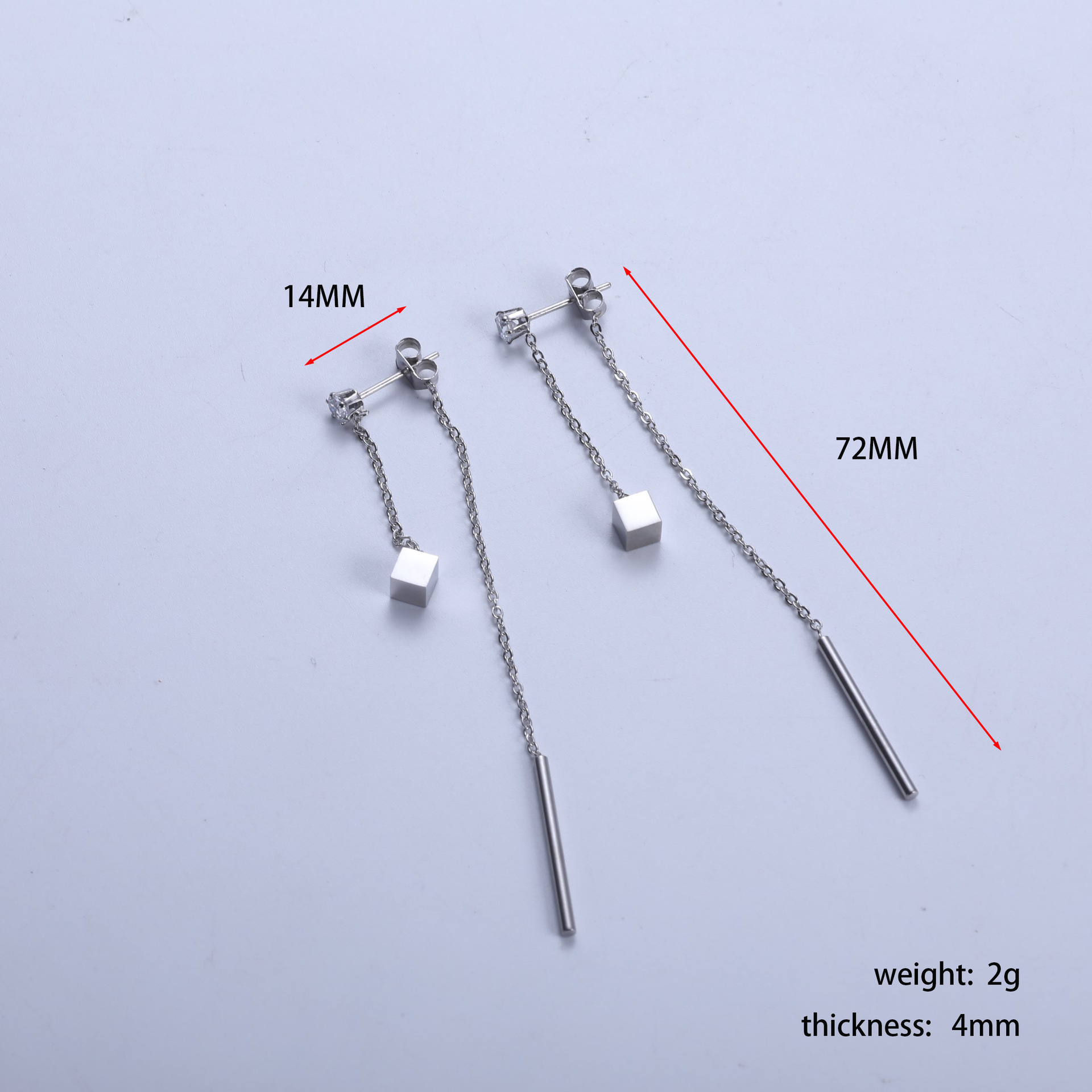 Steel color/single diamond hanging square round rod tassel earrings