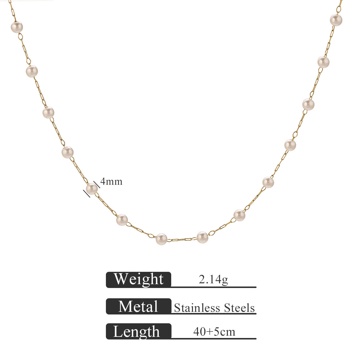 Gold pearl necklace 40 5-3mm 5 buckles between pearls