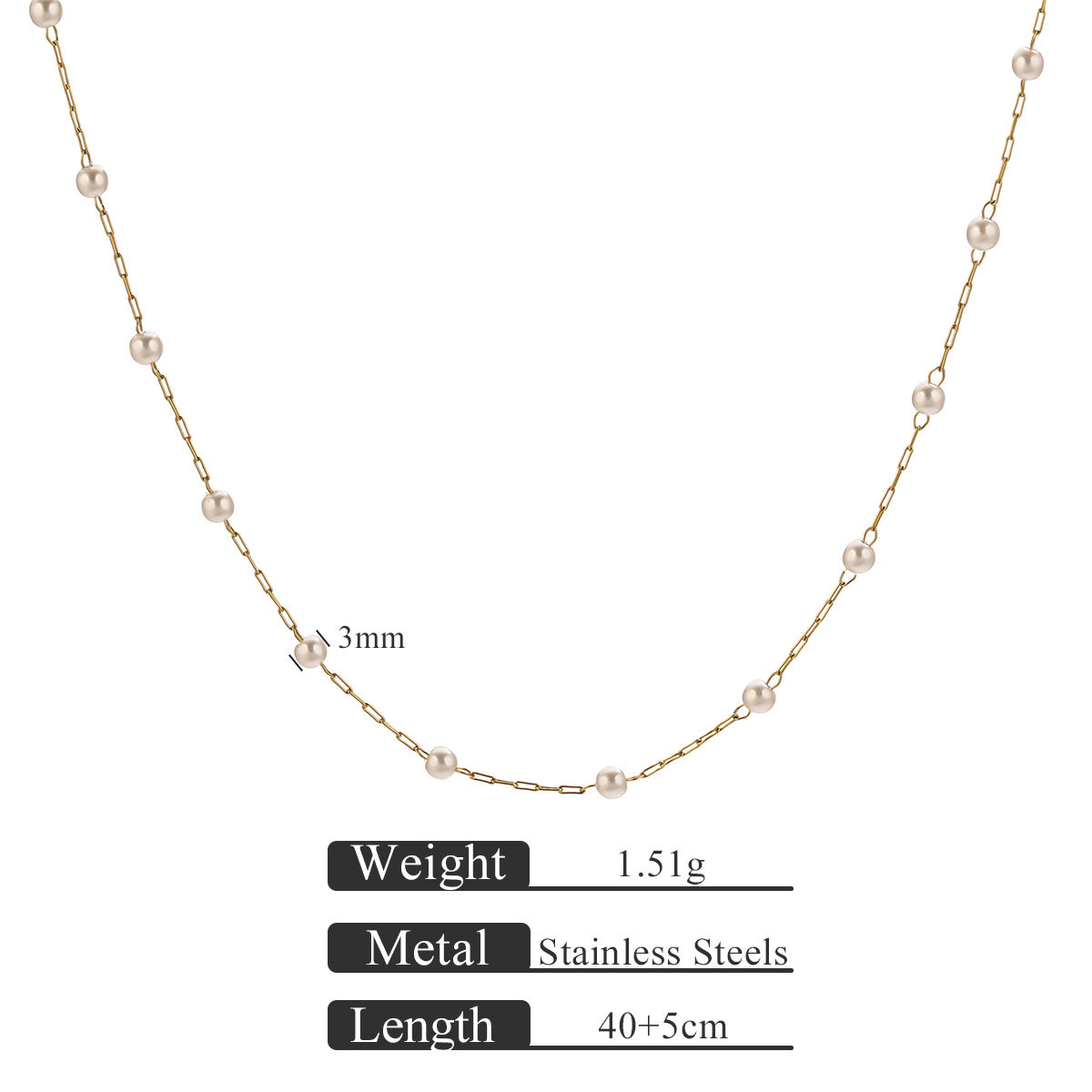 Gold pearl necklace 40 5-6mm 1.5mm side chain between pearls