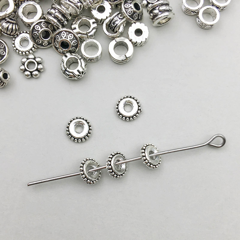 1 ancient silver round spacer bead 1*6mm hole 2mm-0.2g-16358