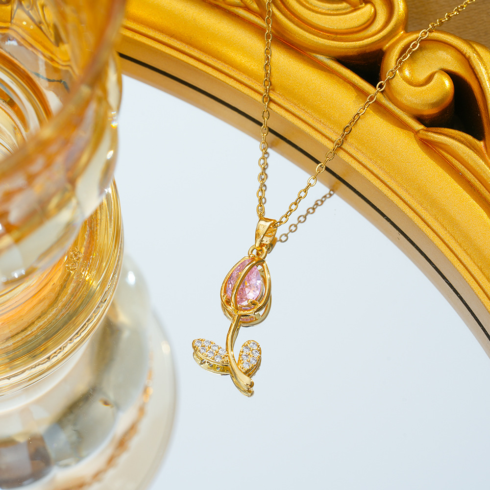 C383 gold pink zirconia necklace