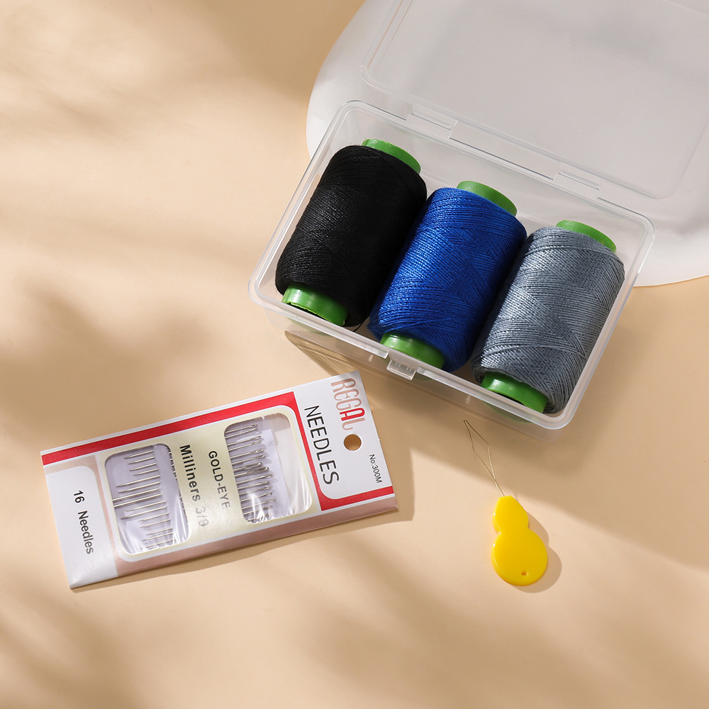 Black, blue and gray (3 rolls of thread   1 set of needles   thread guide) 1 set