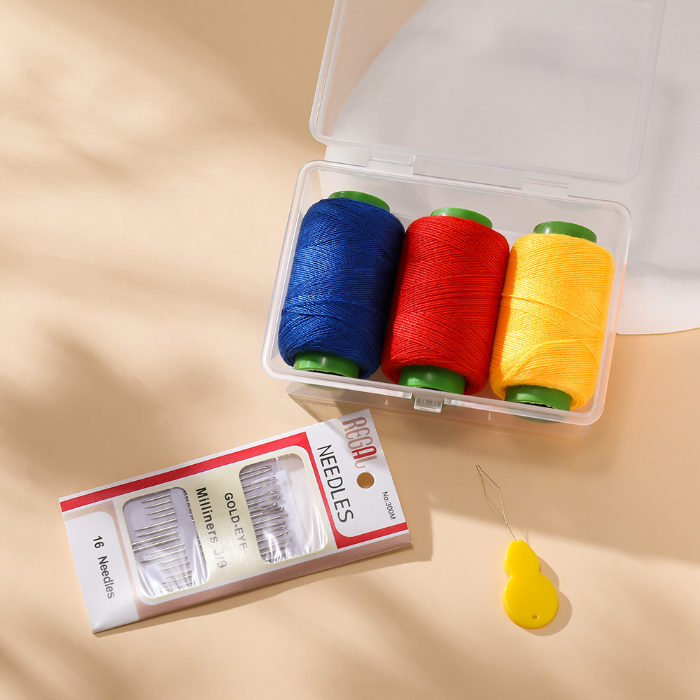Blue, red and yellow (3 rolls of thread   1 set of needles   thread guide) 1 set