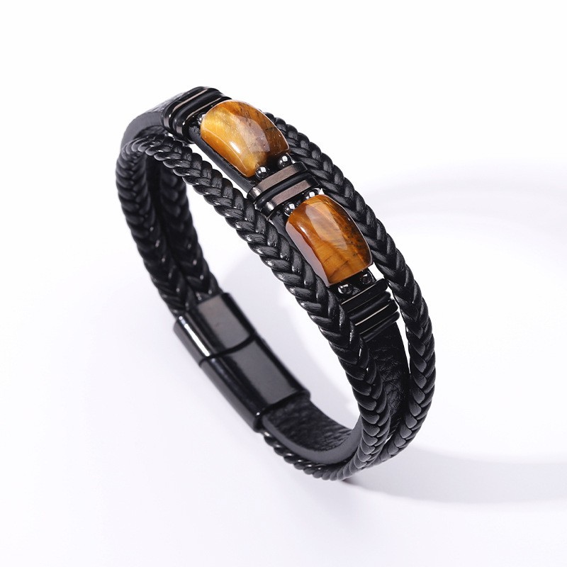 Black leather black buckle tiger eye stone