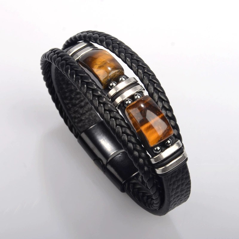 Black leather rigid buckle tiger eye stone