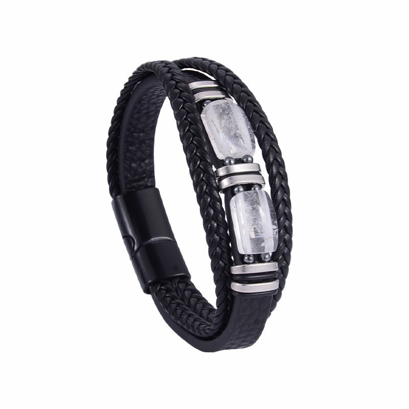 Black leather rigid buckle white crystal