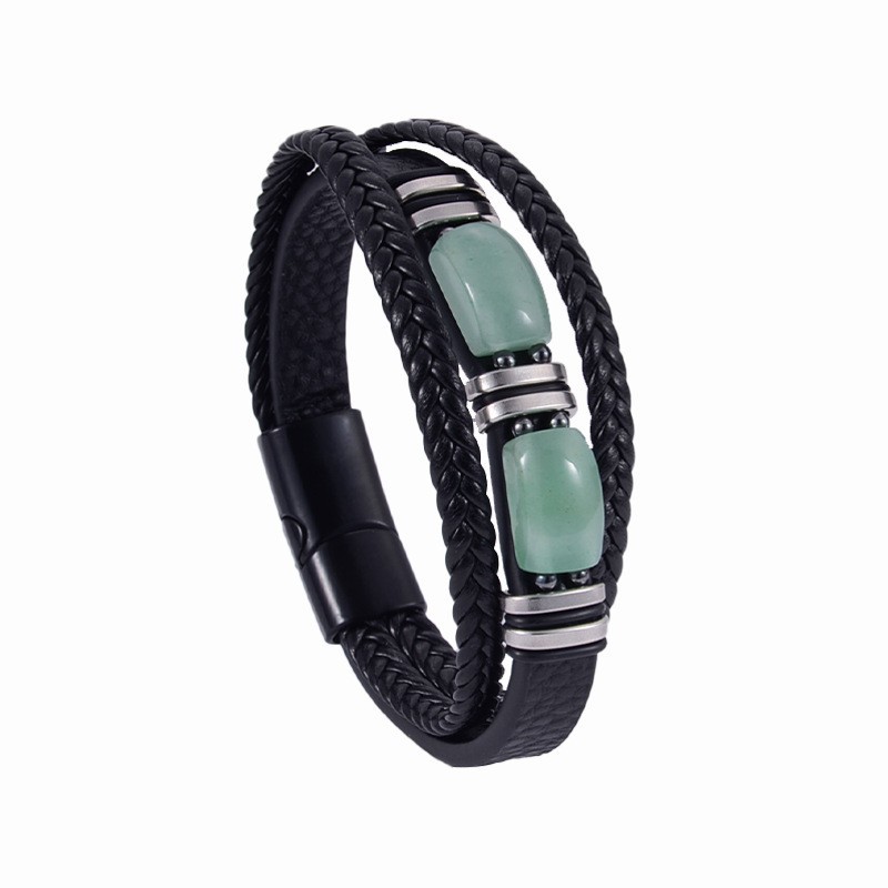 Black leather rigid buckle green aventurine