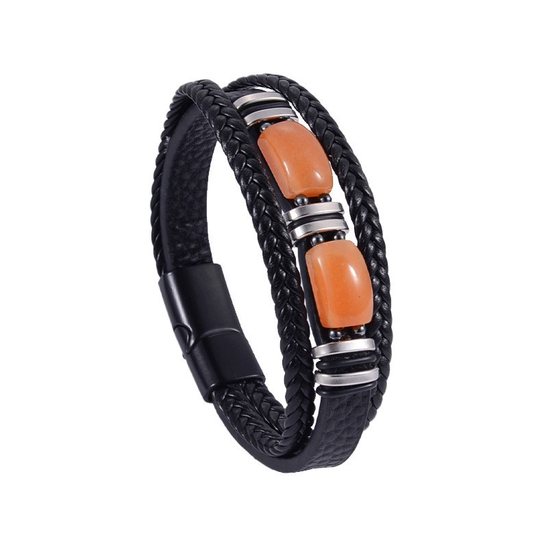 Black leather rigid buckle red aventurine