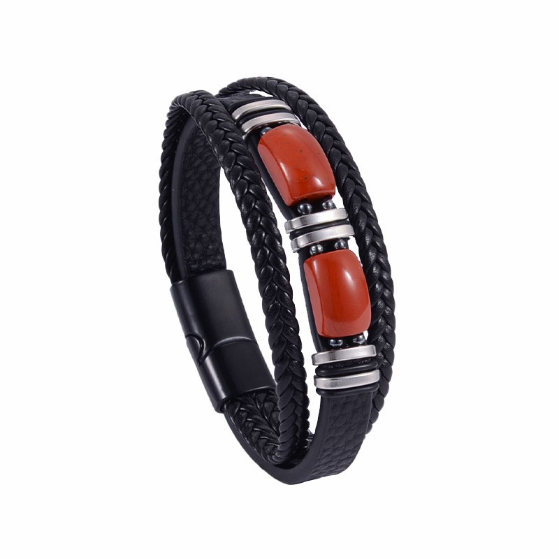 Black leather rigid buckle red stone