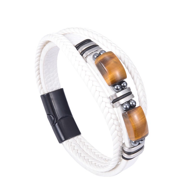 White leather steel buckle tiger eye stone