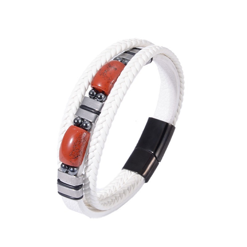 White leather steel buckle red stone