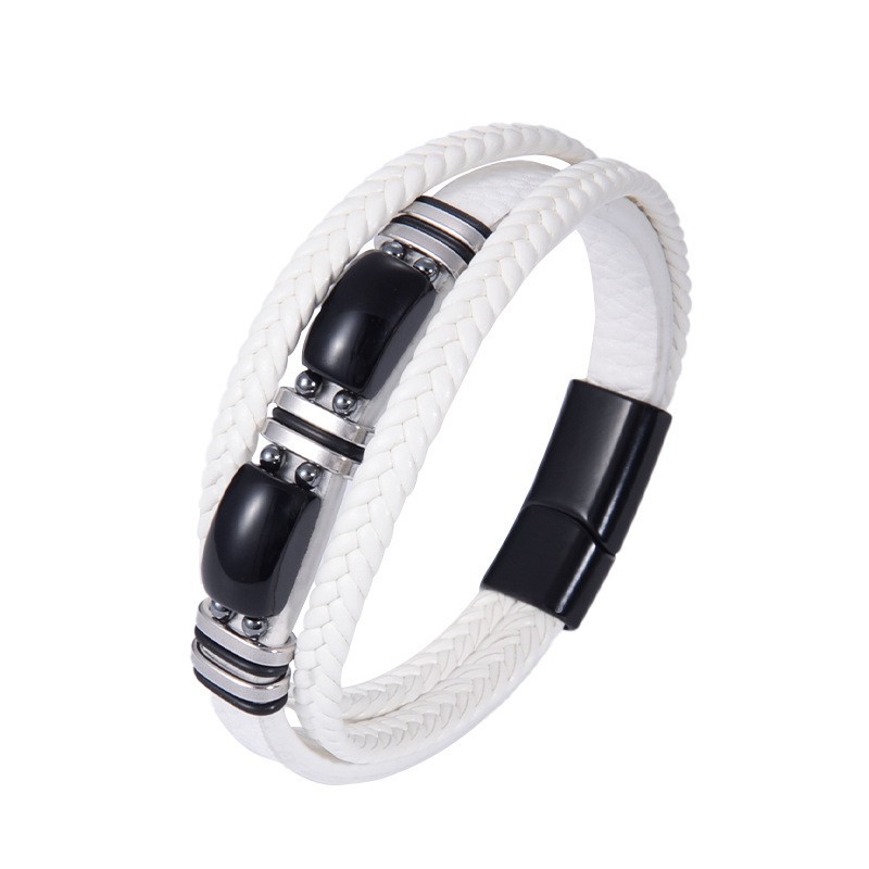 White leather steel buckle obsidian