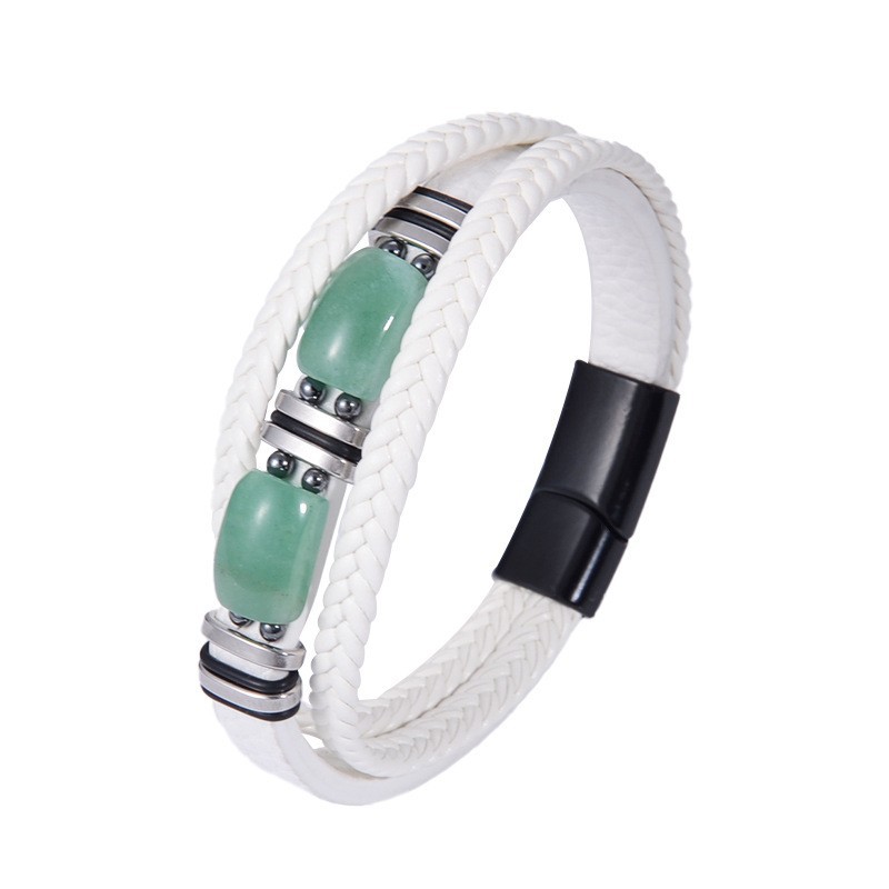 White leather steel buckle green aventurine