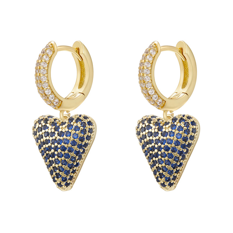 1 pair of golden blue diamond love earrings