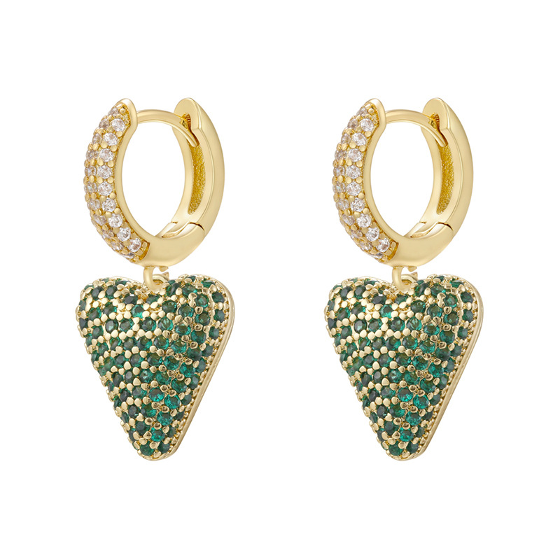 1 pair of golden green diamond love earrings