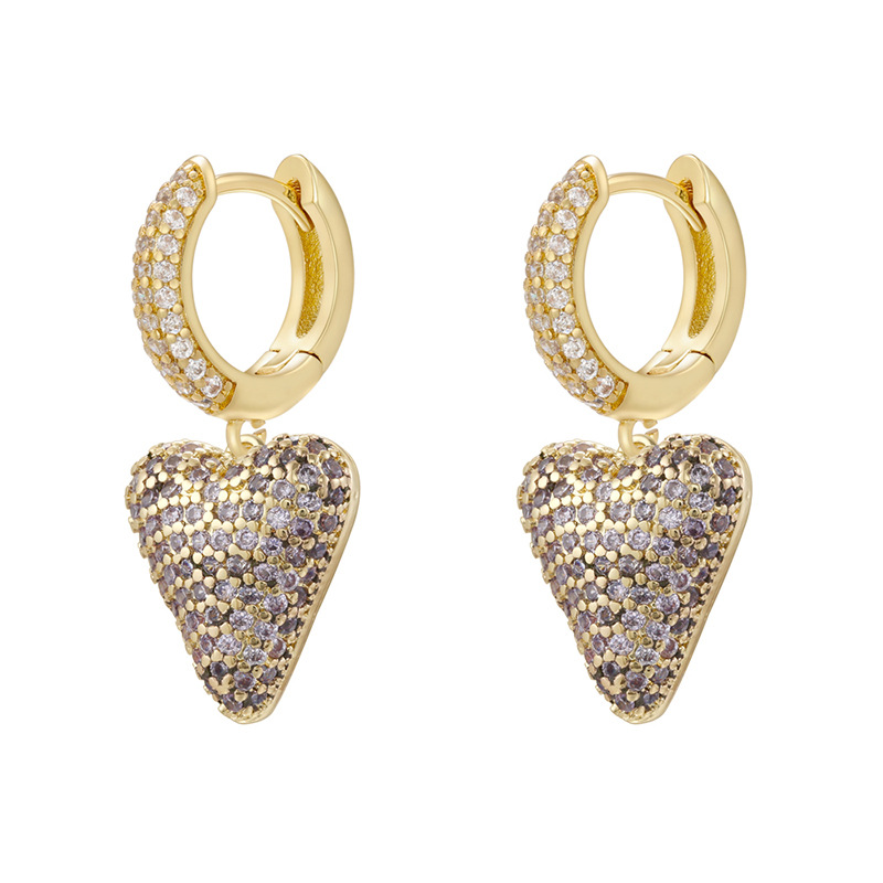 1 pair of golden purple diamond love earrings