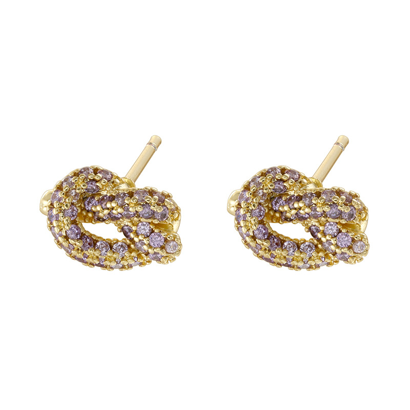 1 pair of golden purple diamond alkaline water knot earrings
