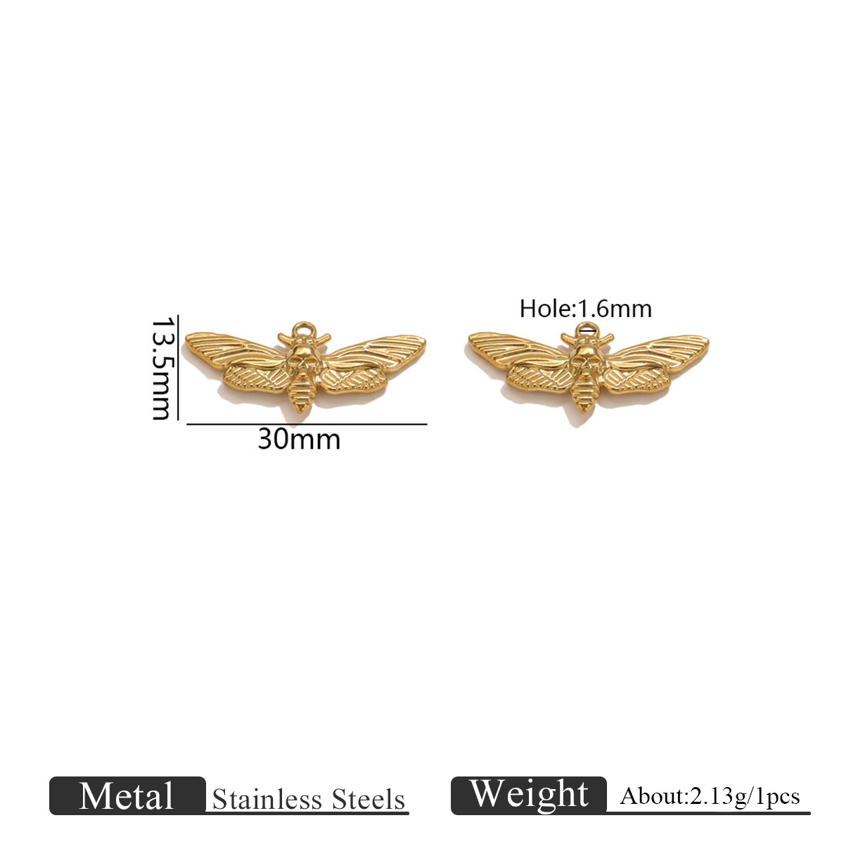 Single hole double-sided butterfly skull small pendant-gold 1161