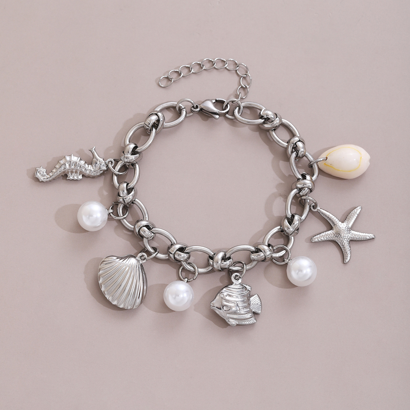 seahorse shell starfish fish conch pearl bracelet silver