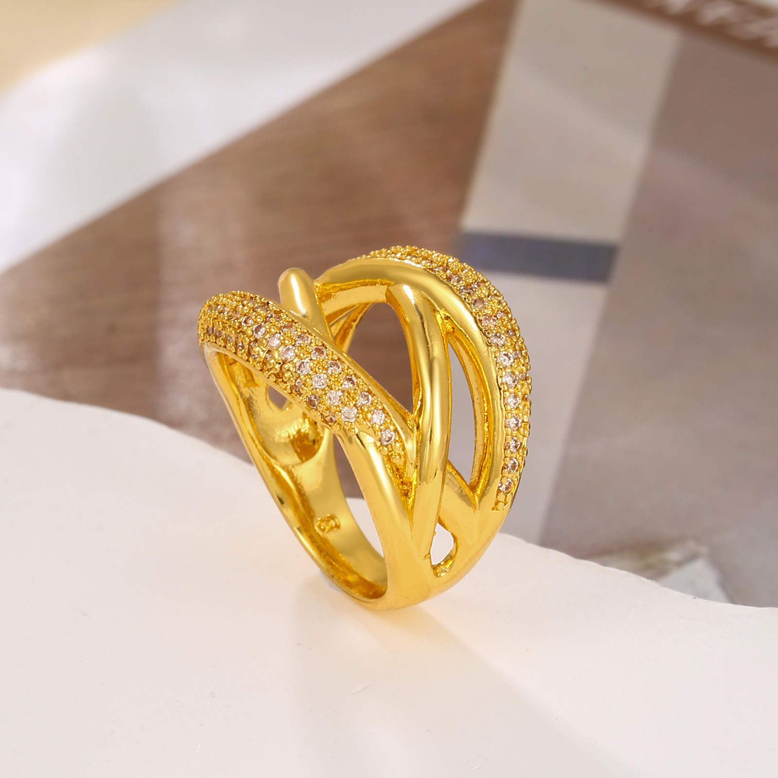 Copper-double row diamond geometric ring