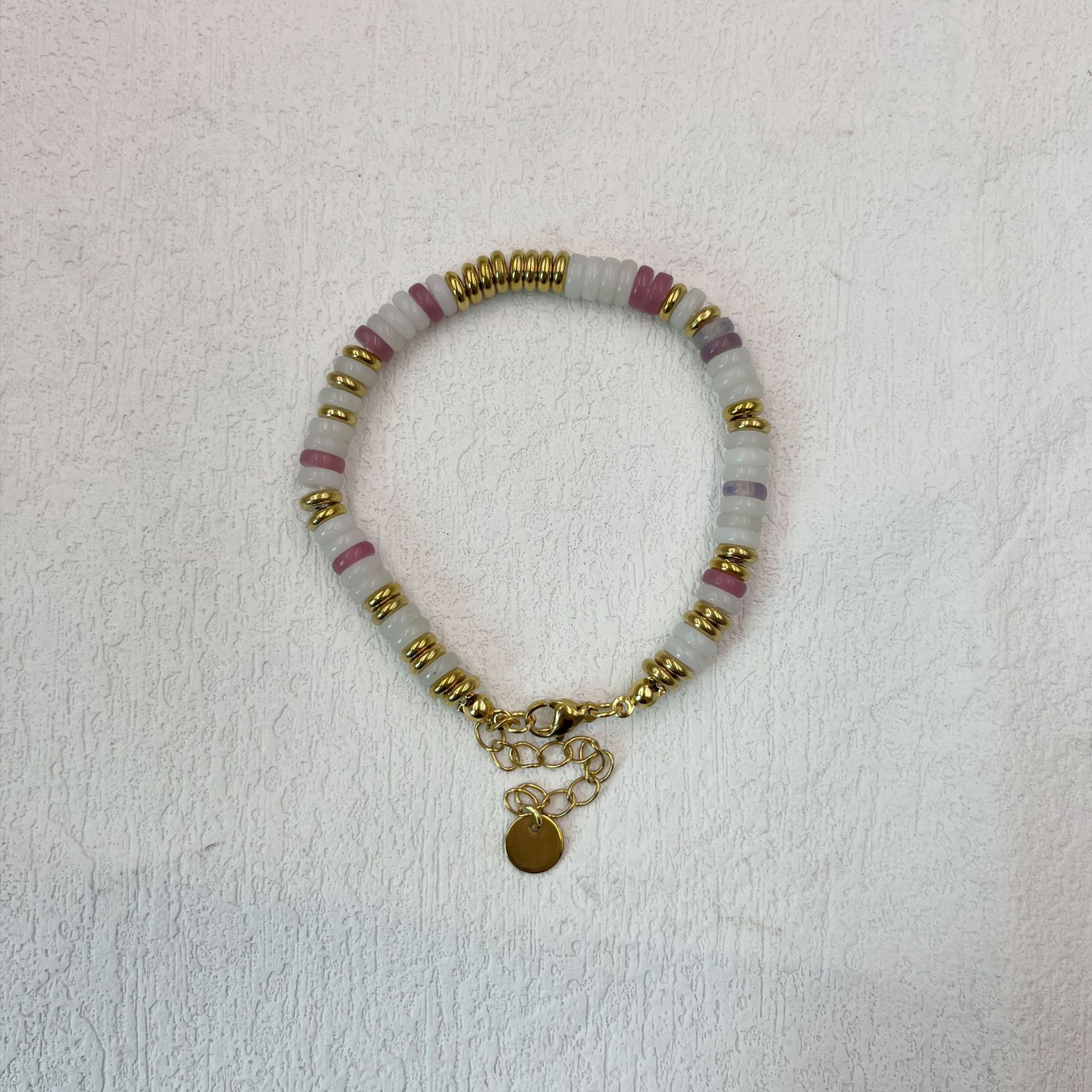 Pink white jade frisbee bracelet