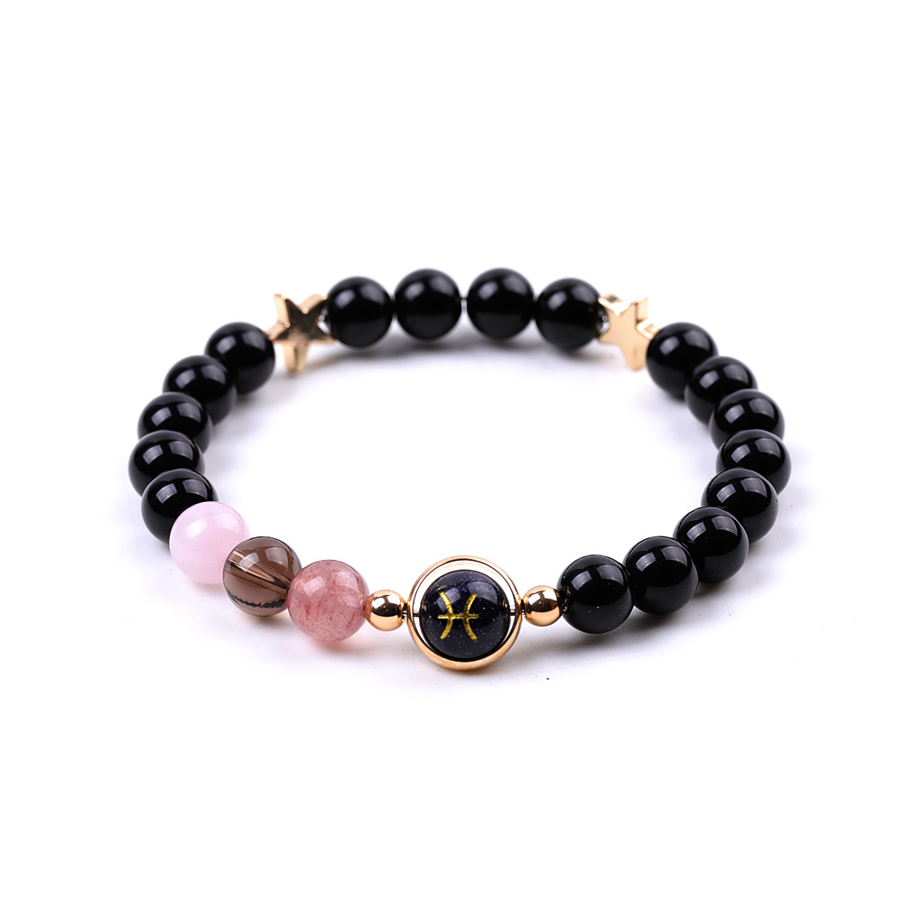 XH041A02 Pisces 3 Stones Mix and Match Golden Circle Stars Bright Blackstone Bracelet