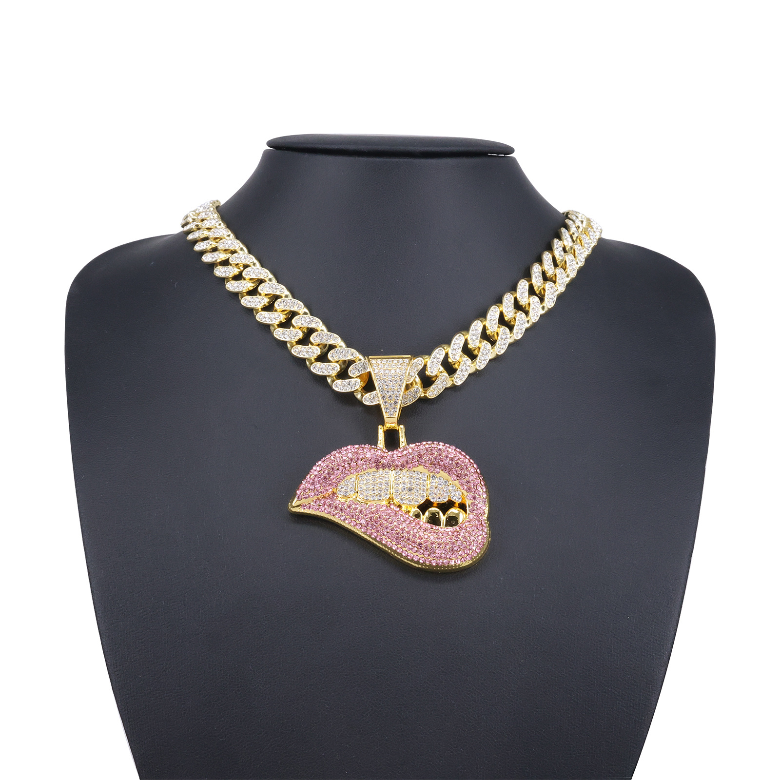 Gold background pink diamond pendant + round chain 50cm (simple buckle)