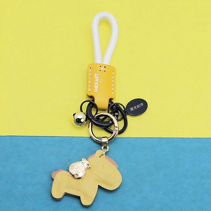 Yellow leather pony   rope   bell   oval tag