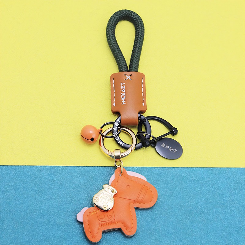 Brown leather pony   rope   bell   oval tag