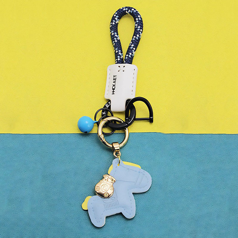 Blue leather pony   rope   bell   oval tag