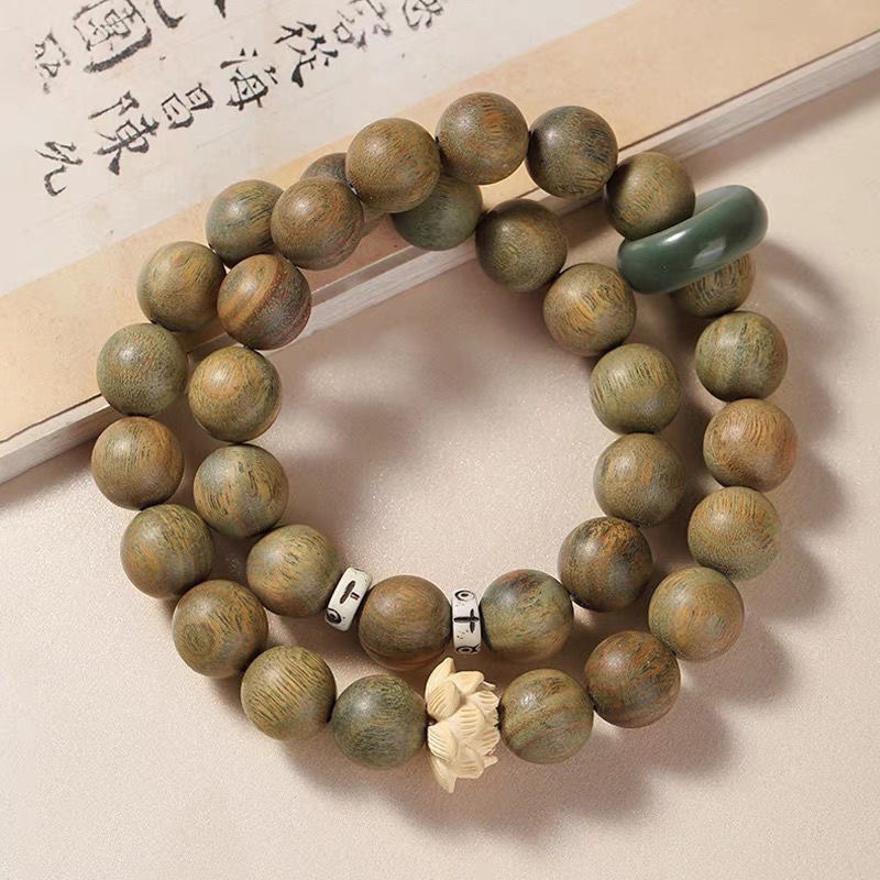 Green sandalwood 8mm double circle lotus running ring bracelet