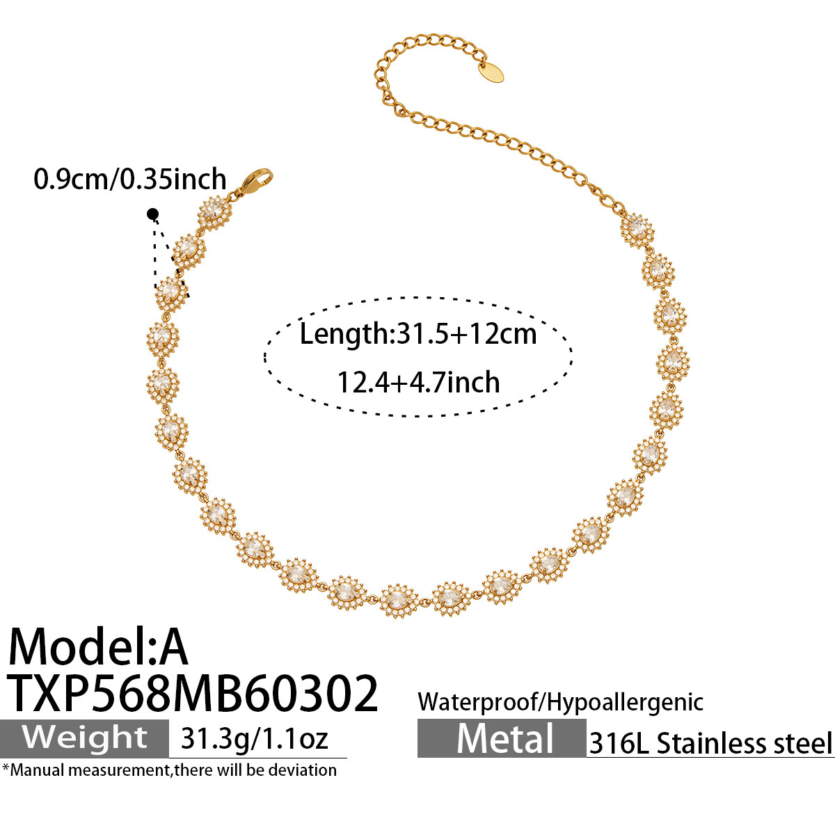 TXP568-A Golden Water Drop Necklace 31.5 plus 12cm